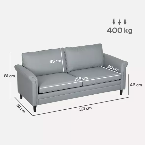 HOMCOM 3 Seater Sofa, Modern Fabric Sofa Couch with Spring Cushion, Rubber Wood Legs, 191cm Upholstered Settee for Living Room, Bedroom, Home Office, Guest Room, Grey - 3
