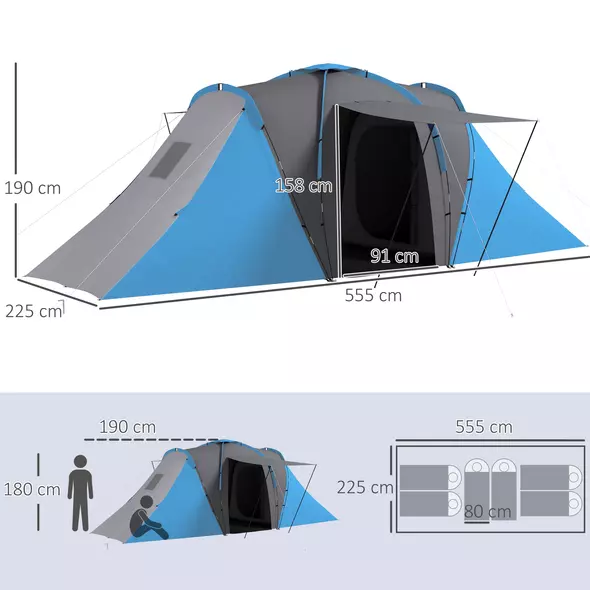 Outsunny Large Camping Tent Tunnel Tent with 2 Bedroom and Living Area, 2000mm Waterproof, Portable with Bag for 4-6 Man, Blue - 3