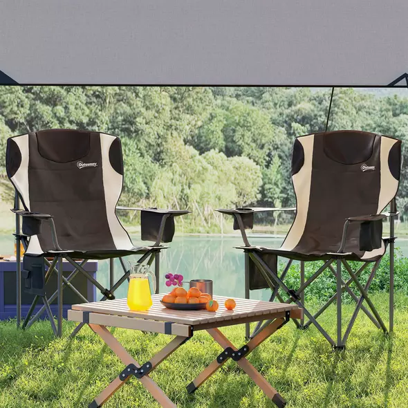 Outsunny Set of 2 Folding Camping Chairs, Padded Camping Chairs with Adjustable Armrests, Portable & Lightweight Folding Camp Chair with Cooler Bag, Cup Holder and Side Pockets, Black - 9