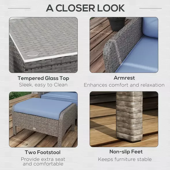 Outsunny 5 Pieces PE Rattan Garden Furniture Set, Wicker Outdoor Sofa Set w/ 2 Armchairs 2 Stools Glass Top Table Cushions, Blue - 6