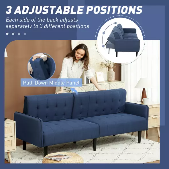 HOMCOM Three-Seater Sofa Bed, with Cupholders - Dark Blue - 6