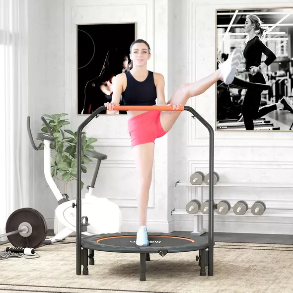 HOMCOM 45" Foldable Mini Fitness Trampoline, with Adjustable Foam Handle, Orange - 2