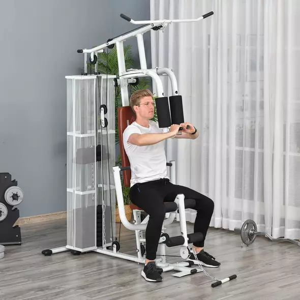 HOMCOM Multifunction Home Gym Weight Training Workout Station Fitness Strength Machine, White - 9