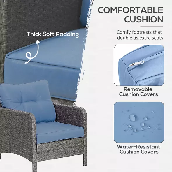 Outsunny 5 Pieces PE Rattan Garden Furniture Set, Wicker Outdoor Sofa Set w/ 2 Armchairs 2 Stools Glass Top Table Cushions, Blue - 5