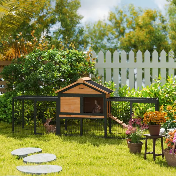 PawHut Wooden Rabbit Hutch Outdoor with Steel Run, Wooden Guinea Pig Cage with Removable Plastic Tray, Asphalt Roof, Ramp - 8