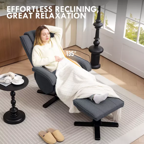 HOMCOM Swivel Recliner Chair with Footstool - Charcoal Grey Linen - 4