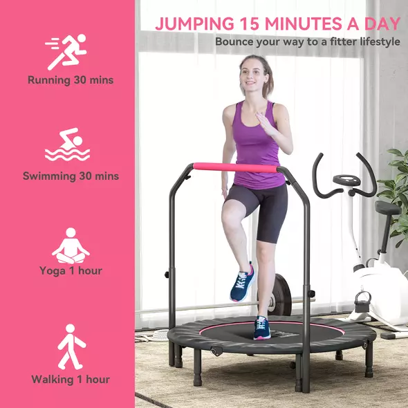 HOMCOM 48" Foldable Mini Fitness Trampoline, with Adjustable Foam Handle, Pink - 7