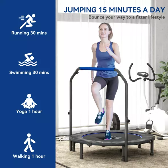 HOMCOM 48" Foldable Mini Fitness Trampoline, with Adjustable Foam Handle, Blue - 7