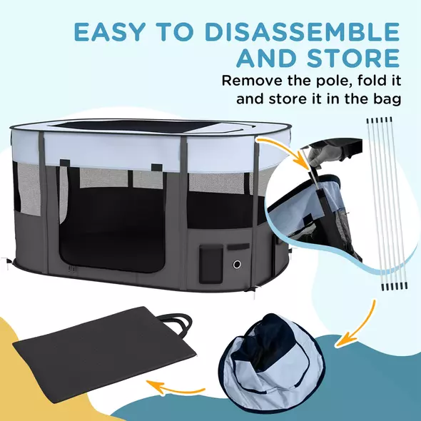 PawHut Foldable Dog Pen with Storage Bag for Indoor/Outdoor Use, Portable Pet playpen, with Ground Stakes - Grey - 6