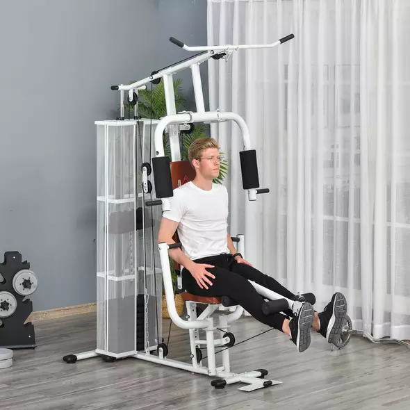 HOMCOM Multifunction Home Gym Weight Training Workout Station Fitness Strength Machine, White - 2