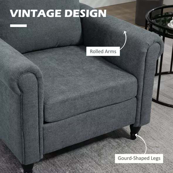 HOMCOM Vintage Accent Chair, Upholstered Occasional Chair with Back Pillow, Rolled Arms,  Rubber Wood Legs, Grey - 4