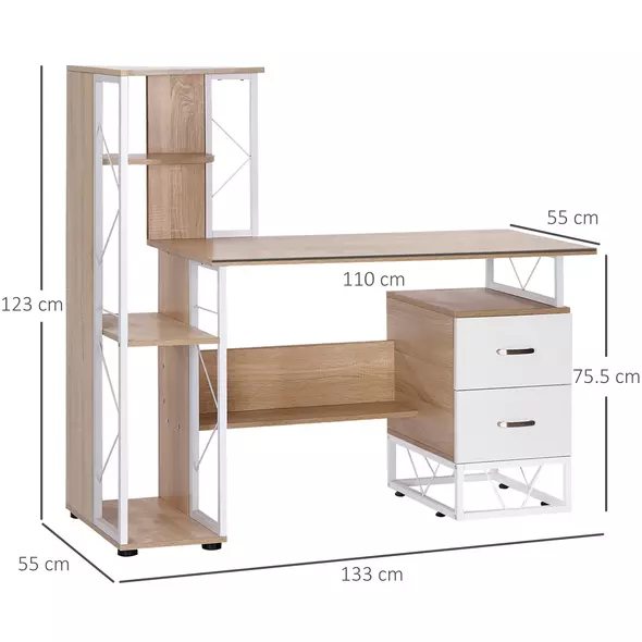 HOMCOM Computer Desk with Drawers and Bookshelf, Writing Desk for Home Office with Storage Shelves, Study Workstation, Oak - 3