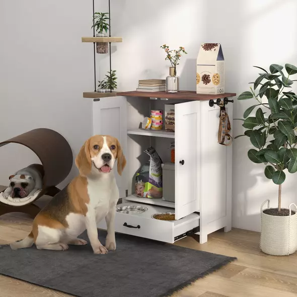 PawHut Pet Feeding Station with Raised Dog Bowls, Adjustable Panel, Hooks, White - 2