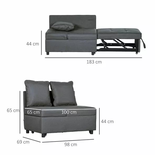 HOMCOM Convertible Single Sofa Bed with Thick Padded Seat, 3-in-1 Multi-Functional Sleeper Chair Bed with Magazine Pocket, for Living Room, Grey - 3