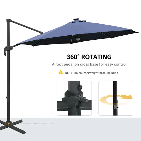 Outsunny 3(m) LED Cantilever Parasol Outdoor Sun Umbrella w/ Base Solar Lights Blue - 6