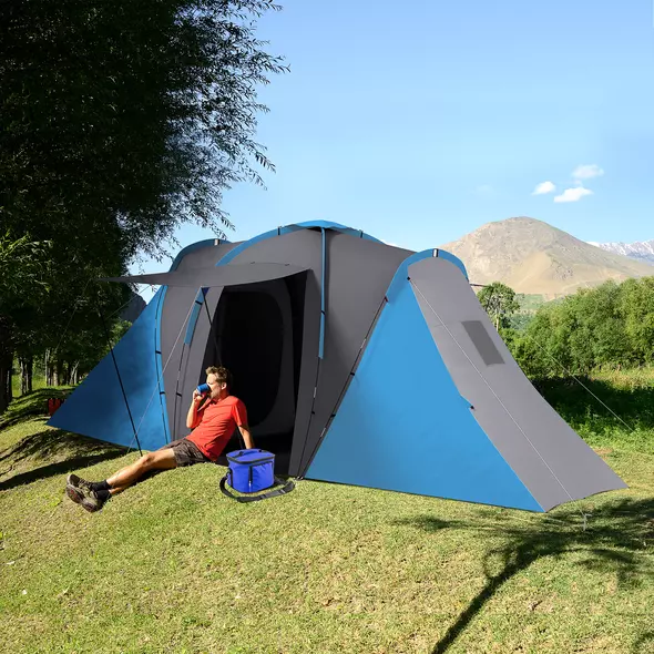 Outsunny Large Camping Tent Tunnel Tent with 2 Bedroom and Living Area, 2000mm Waterproof, Portable with Bag for 4-6 Man, Blue - 2