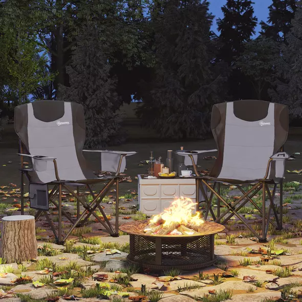 Outsunny Set of 2 Folding Camping Chairs, Padded Camping Chairs with Adjustable Armrests, Portable & Lightweight Folding Camp Chair with Cooler Bag, Cup Holder and Side Pockets, Grey - 2