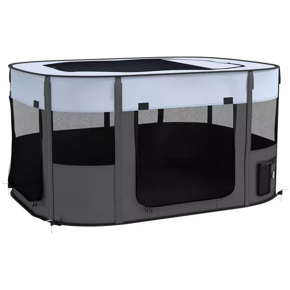 PawHut Foldable Dog Pen with Storage Bag for Indoor/Outdoor Use, Portable Pet playpen, with Ground Stakes - Grey - 1