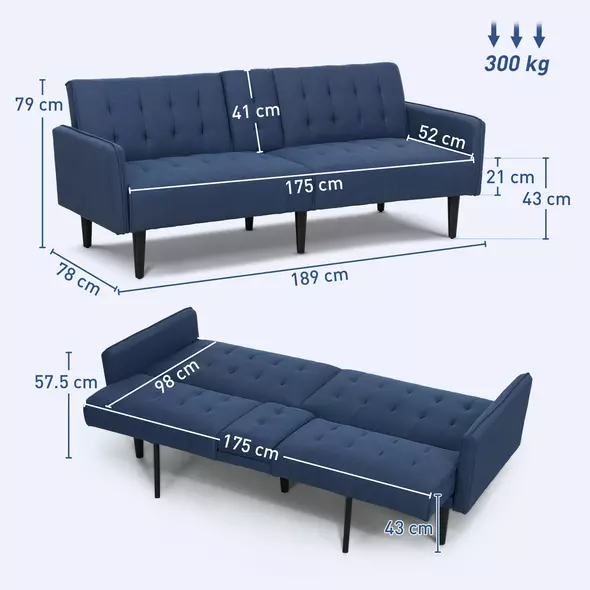 HOMCOM Three-Seater Sofa Bed, with Cupholders - Dark Blue - 3