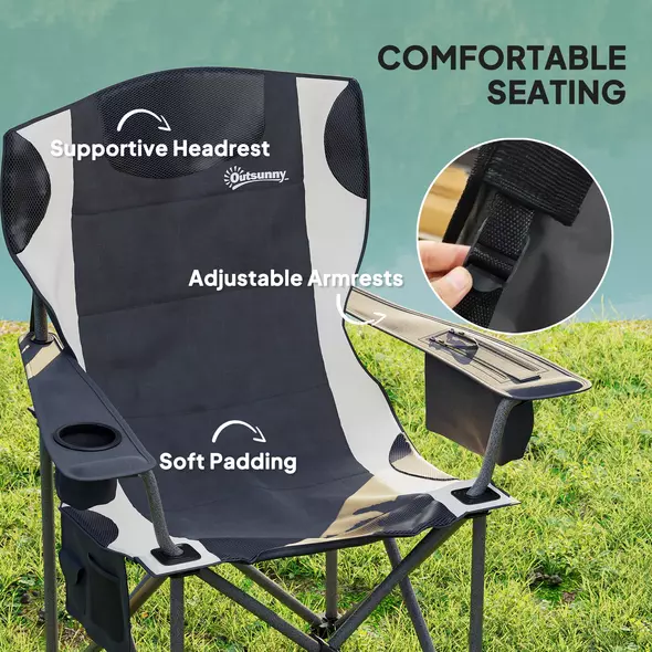 Outsunny Set of 2 Folding Camping Chairs, Padded Camping Chairs with Adjustable Armrests, Portable & Lightweight Folding Camp Chair with Cooler Bag, Cup Holder and Side Pockets, Black - 4