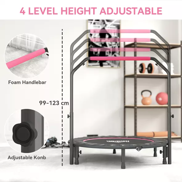 HOMCOM 48" Foldable Mini Fitness Trampoline, with Adjustable Foam Handle, Pink - 4