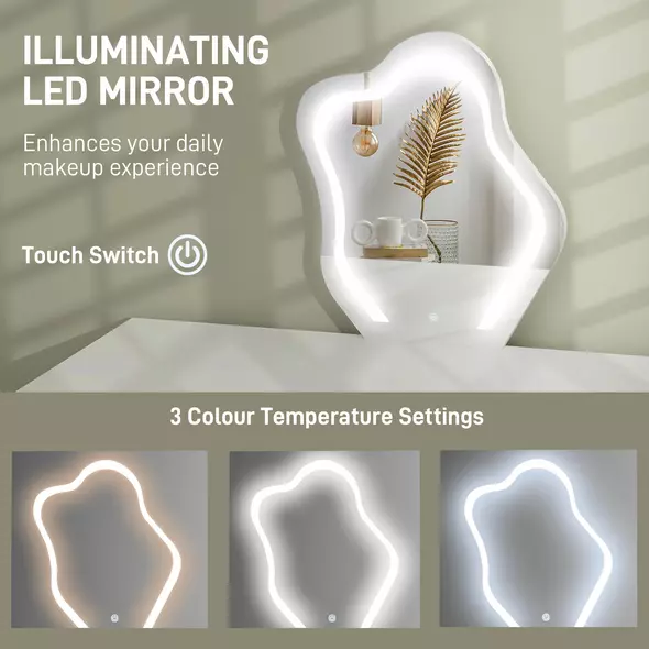 HOMCOM Dressing Table, Vanity Desk with Leaf Shape Mirror, Makeup Table with 5 Drawers, 3-Colour LED Lights, 100x40cm Tabletop, White - 4