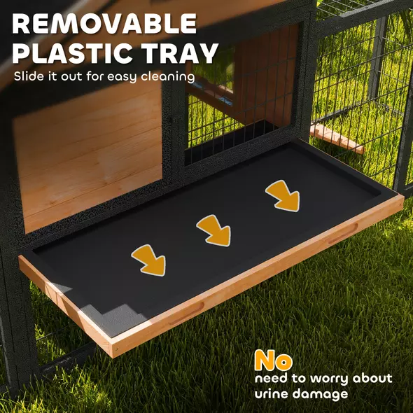 PawHut Wooden Rabbit Hutch Outdoor with Steel Run, Wooden Guinea Pig Cage with Removable Plastic Tray, Asphalt Roof, Ramp - 7