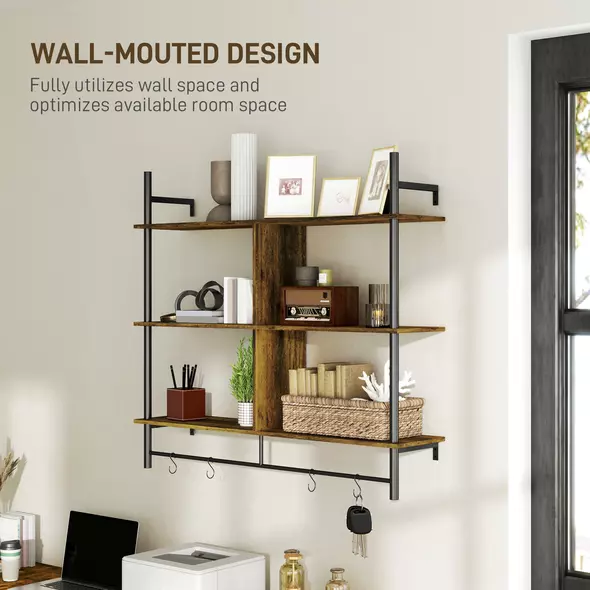 HOMCOM Three-Tier Floating Shelf - Brown/Black - 6