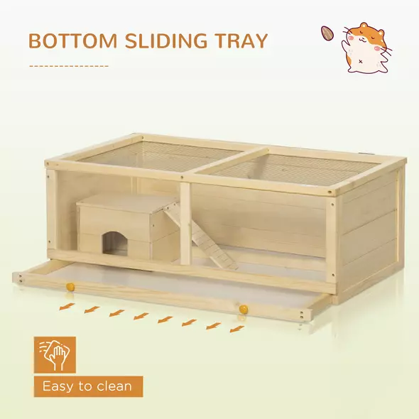 PawHut Wooden Hamster Cage with Sliding Tray, Openable Top, Hut for Syrian Hamster, Natural Wood Finish - 6