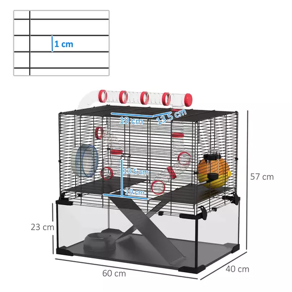 PawHut Gerbil Cage Dwarf Hamster Cage, with Deep Glass Bottom, Tunnels, Hut, Exercise Wheel, 60 x 40 x 57cm - 3