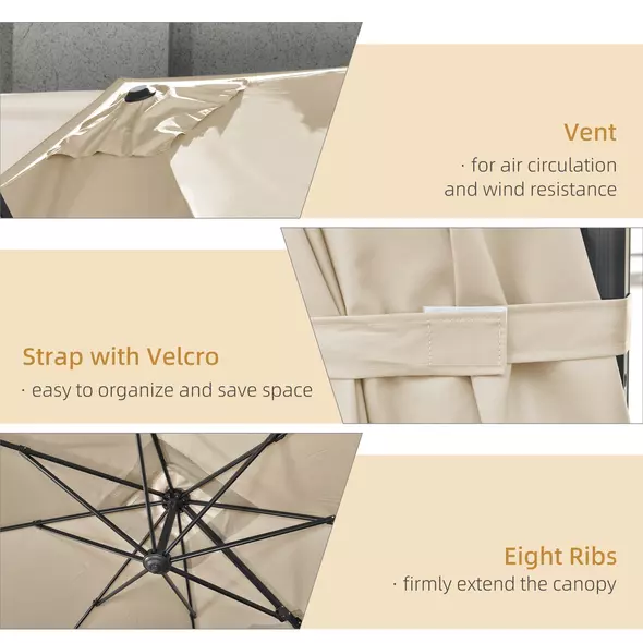 Outsunny 2.7 x 2.7 m Cantilever Parasol, Square Overhanging Umbrella with Cross Base, Crank Handle, Tilt, 360° Rotation and Aluminium Frame, Cream White - 6