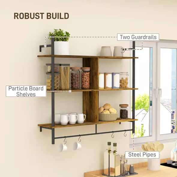 HOMCOM Three-Tier Floating Shelf - Brown/Black - 5