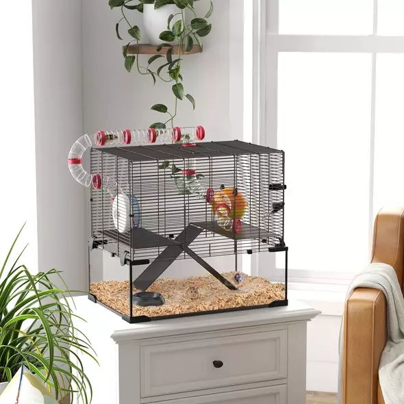 PawHut Gerbil Cage Dwarf Hamster Cage, with Deep Glass Bottom, Tunnels, Hut, Exercise Wheel, 60 x 40 x 57cm - 2