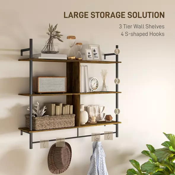 HOMCOM Three-Tier Floating Shelf - Brown/Black - 4