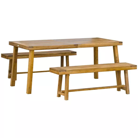 Outsunny 3 Pieces Picnic Bench Set with Table and 2 Benches, Acacia wood Dining Trestle Beer Table and Seat,  Natural Wood Finish - 1