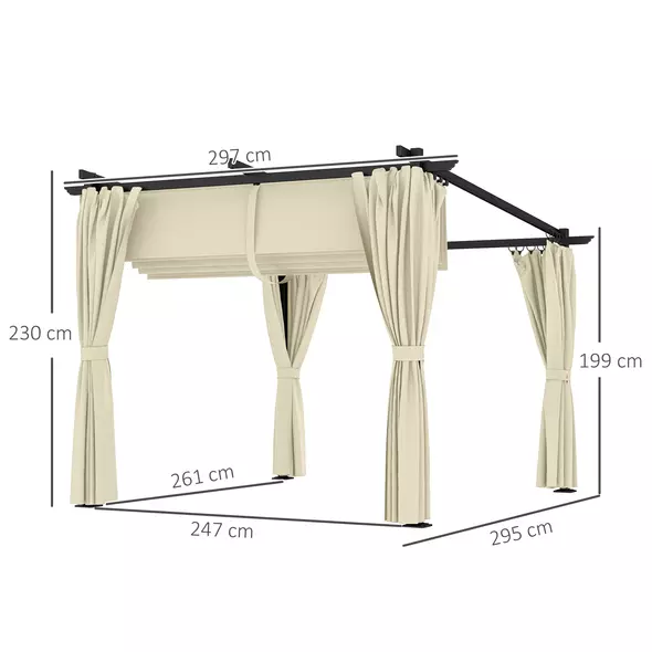 Outsunny 3 x 3 m Retractable Roof Pergola, with Curtains - Beige - 3