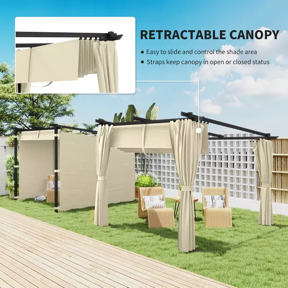 Outsunny 3 x 3 m Retractable Roof Pergola, with Curtains - Beige - 4