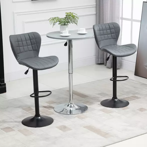HOMCOM Bar Stools Set of 2 Adjustable Height Swivel Bar Chairs in PU Leather with Backrest & Footrest, Grey - 2