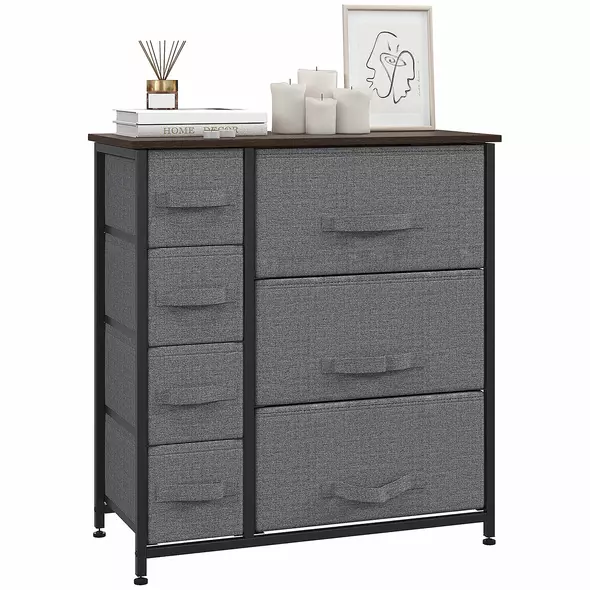 HOMCOM Chest of Drawers with 7 Drawers, Fabric Drawers with Large Storage Space, Drawers Dresser with Metal Frame, Adjustable Feet for Bedroom Living Room, Dark Grey - 1