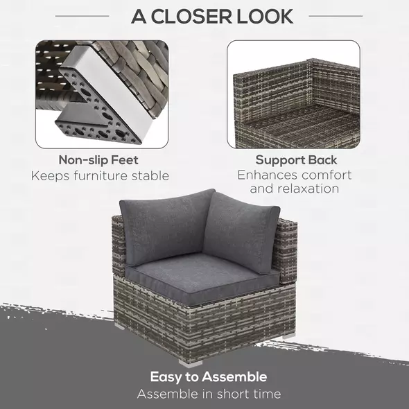 Outsunny Outdoor PE Rattan Corner Sofa, Garden Wicker Furniture Single Sofa Chair w/ Cushions, Deep Grey - 6