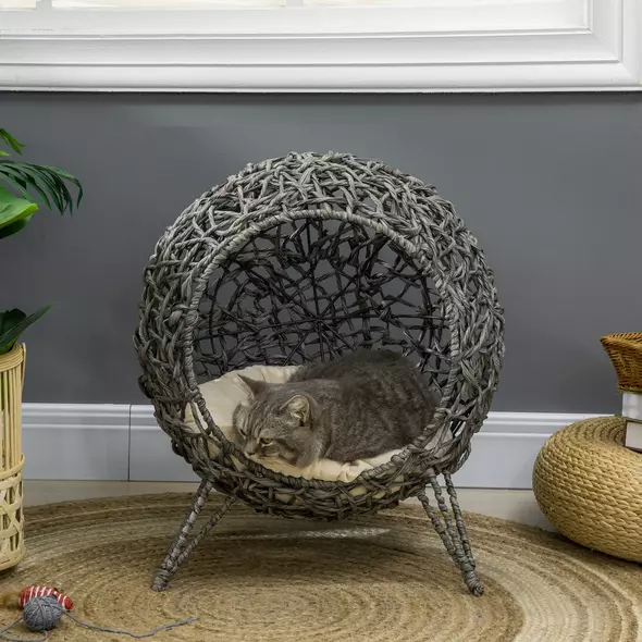 PawHut Rattan Elevated Cat Bed House Kitten Basket Ball Shaped Pet Furniture w/ Removable Cushion - Silver-Tone and Grey - 2