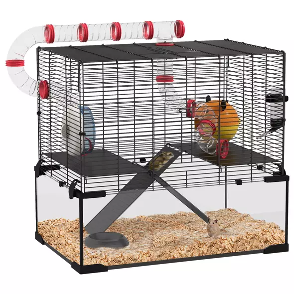 PawHut Gerbil Cage Dwarf Hamster Cage, with Deep Glass Bottom, Tunnels, Hut, Exercise Wheel, 60 x 40 x 57cm - 1