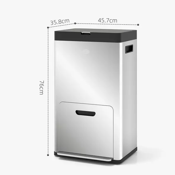 HOMCOM 56L Triple Compartment Stainless Steel Kitchen Bin, with Deodoriser Holders and Wheels - Silver Tone - 3