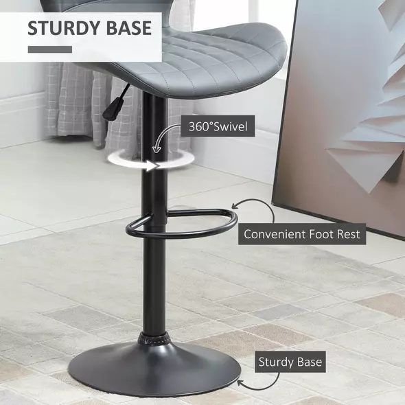 HOMCOM Bar Stools Set of 2 Adjustable Height Swivel Bar Chairs in PU Leather with Backrest & Footrest, Grey - 5