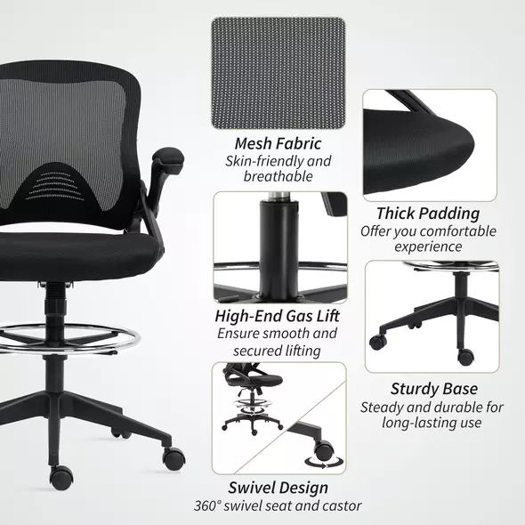 Vinsetto Drafting Chair with Flip-up Armrest, Mesh Office Stool with Foot Ring, 360 Degree Swivel Height Adjustable Chair for Standing Desk, Black - 7