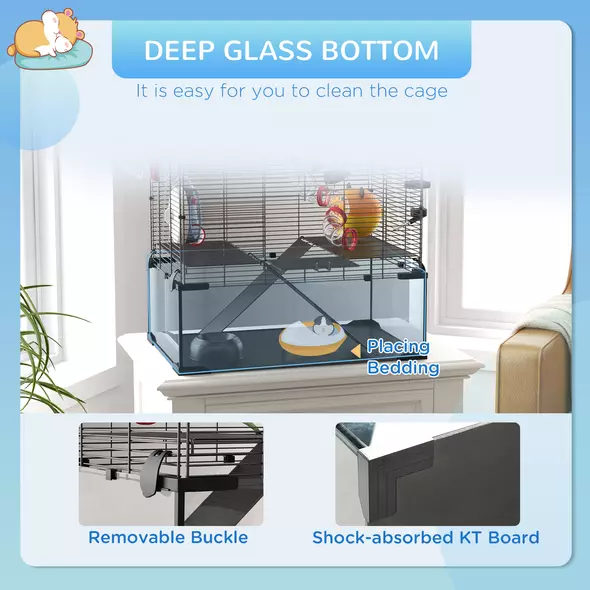 PawHut Gerbil Cage Dwarf Hamster Cage, with Deep Glass Bottom, Tunnels, Hut, Exercise Wheel, 60 x 40 x 57cm - 6