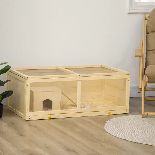 PawHut Wooden Hamster Cage with Sliding Tray, Openable Top, Hut for Syrian Hamster, Natural Wood Finish - 2