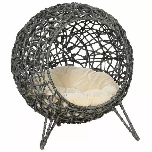 PawHut Rattan Elevated Cat Bed House Kitten Basket Ball Shaped Pet Furniture w/ Removable Cushion - Silver-Tone and Grey - 1