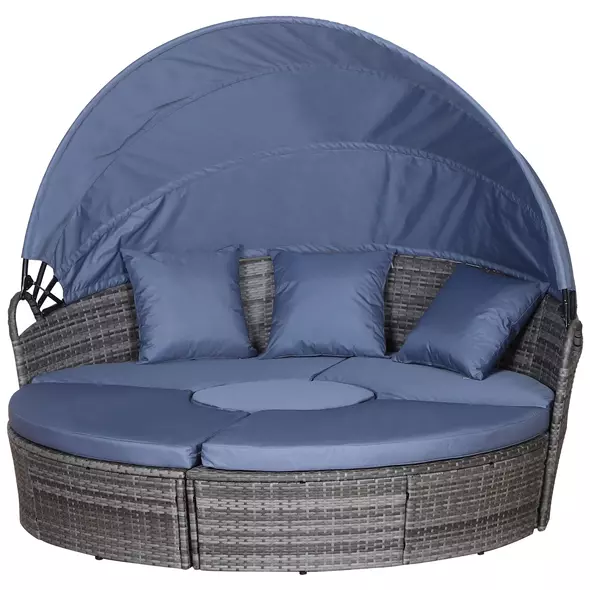 Outsunny Outdoor PE Rattan Garden Furniture with Cushioned, Patio Wicker Conversation Furniture Set, Round Daybed with Retractable Canopy, Coffee Table and Three Pillows, Grey/Blue Grey - 1