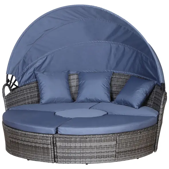 Outsunny Outdoor PE Rattan Garden Furniture with Cushioned, Patio Wicker Conversation Furniture Set, Round Daybed with Retractable Canopy, Coffee Table and Three Pillows, Grey/Blue Grey - 1